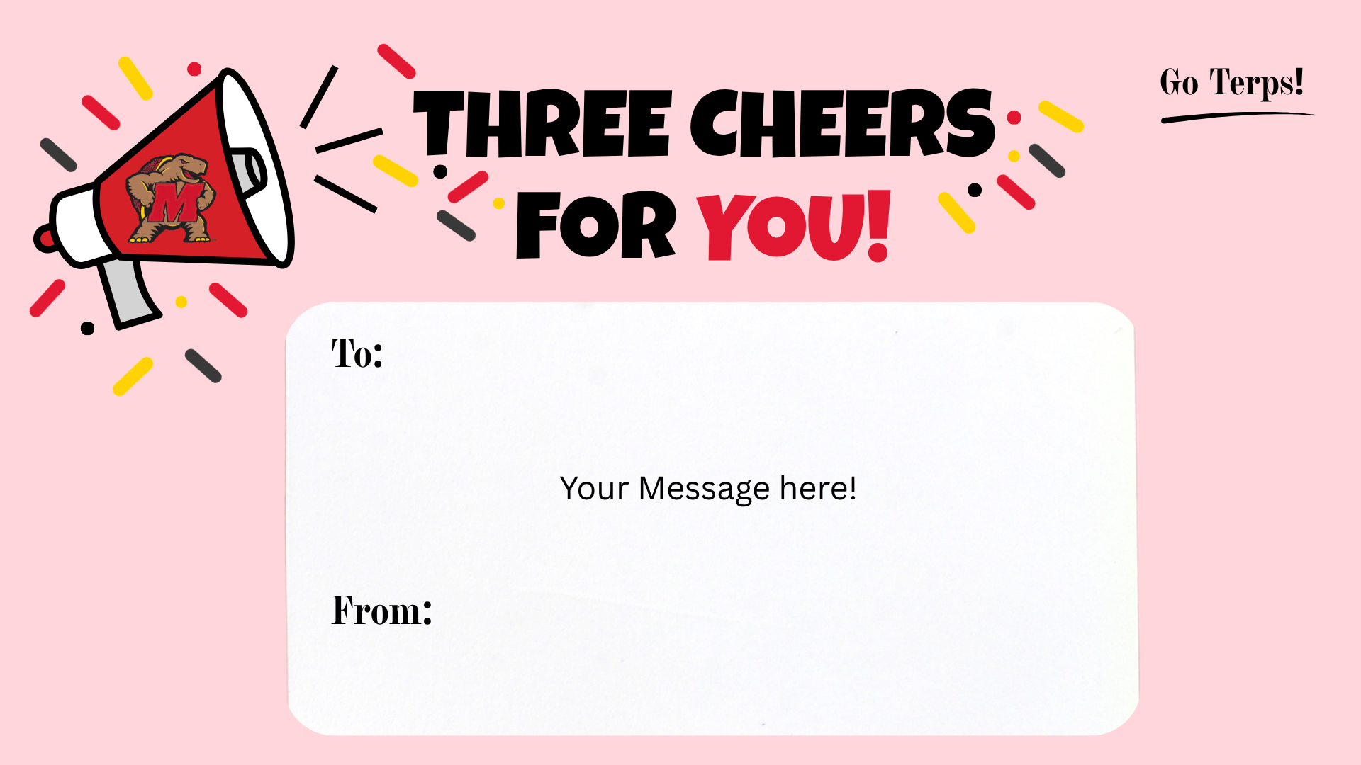 Three cheers for you pink postcard with red terp megaphone