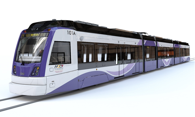 Purple line train side view closeup