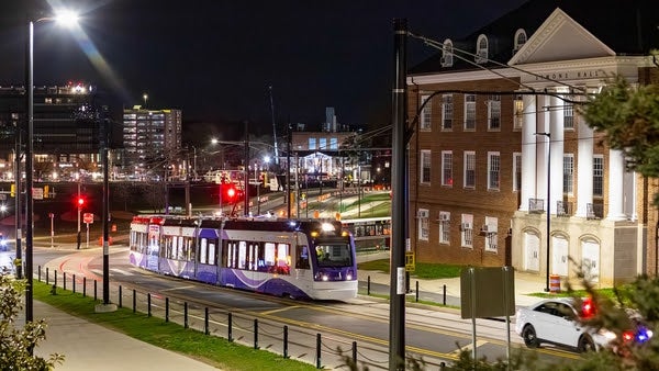 Purple Line Light-Rail Vehicle Testing near Symons Hall on March 25, 2026 (Photo By Dylan Singleton)