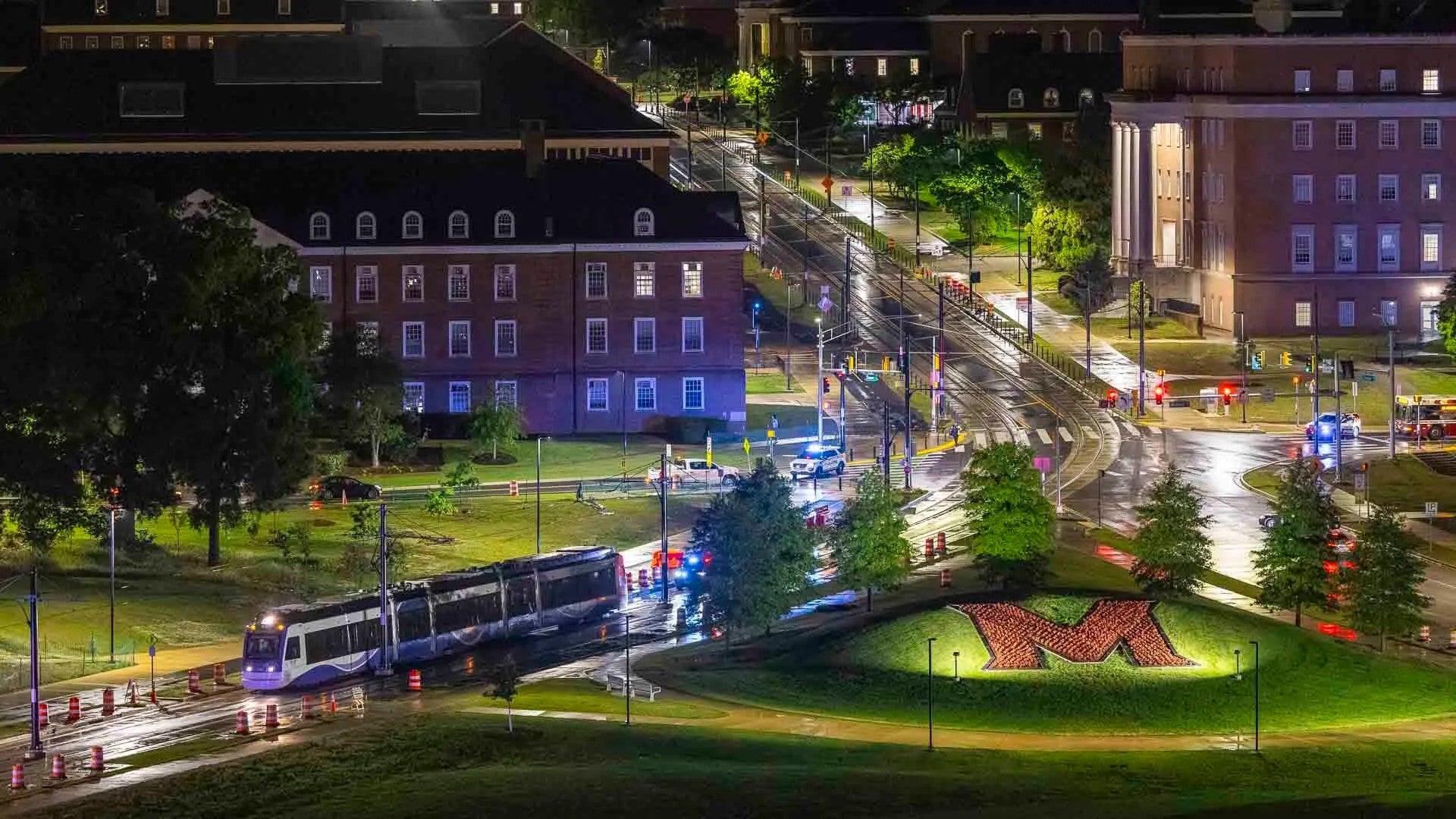 Purple Line light-rail vehicle testing near the M.