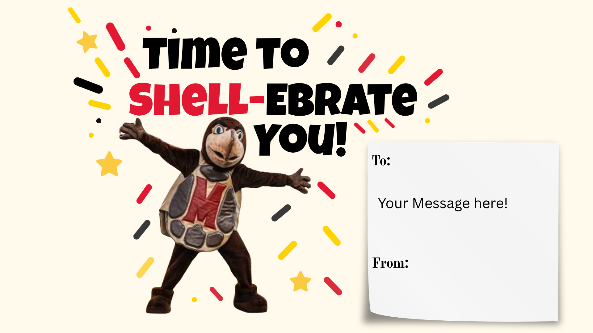 Time to Shell-ebrate you postcard with testudo surrounded by confetti