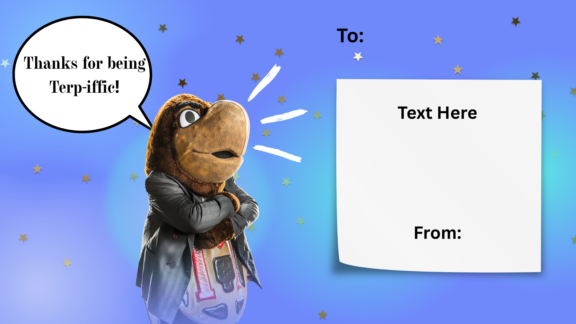 Thanks for being Terp-ific blue postcard with testudo in a leather coat