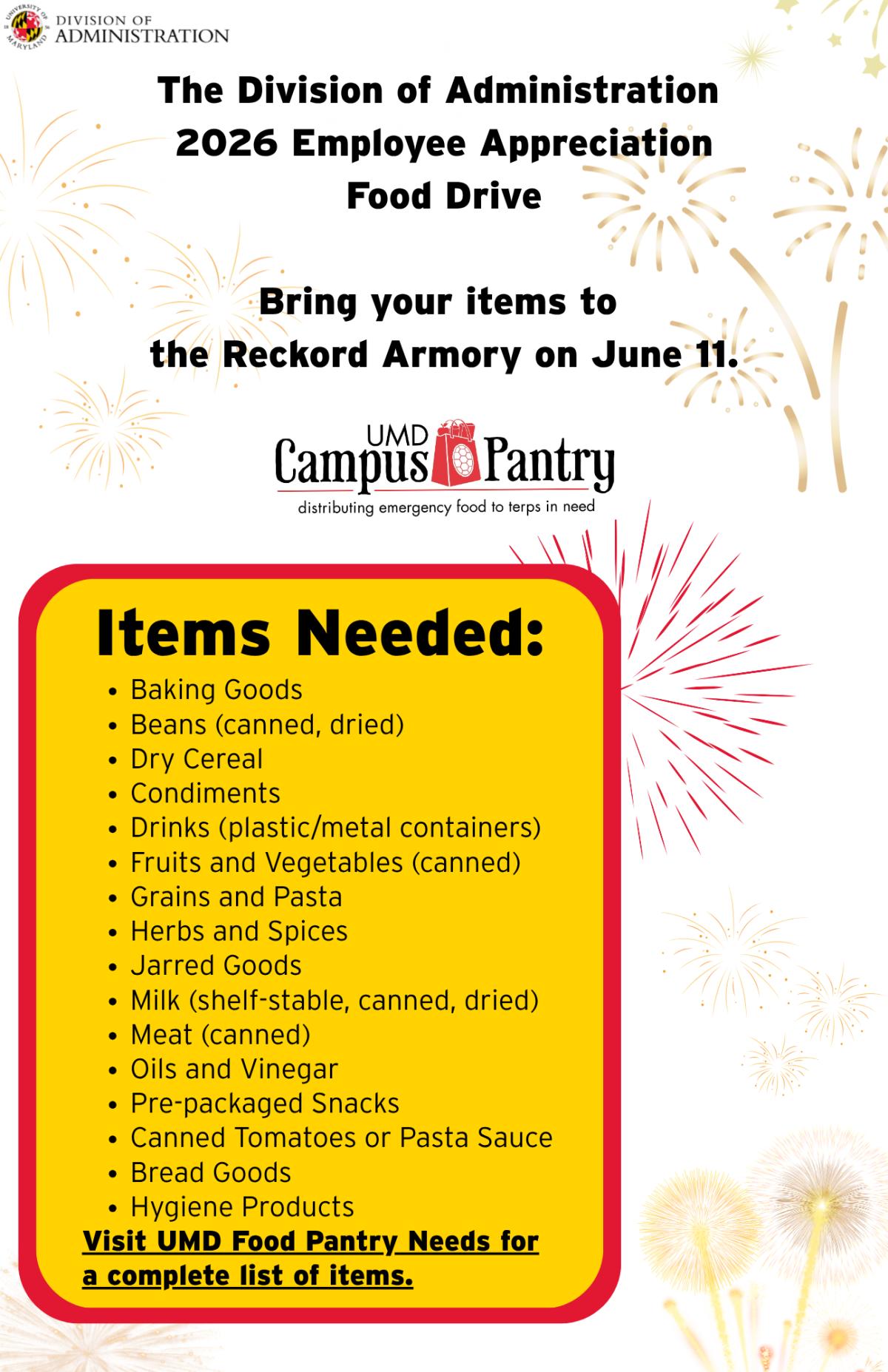 Food Drive flyer listing items needed for the campus pantry