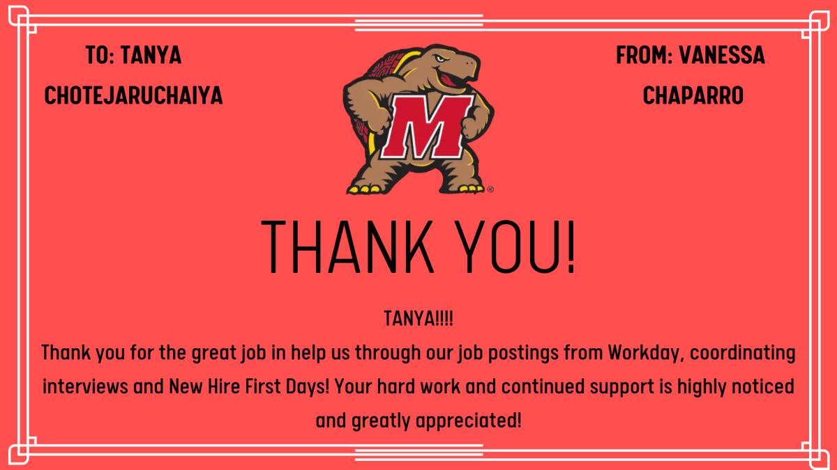 Red thank you Testudo postcard for Tanya Chotejaruchaiya 