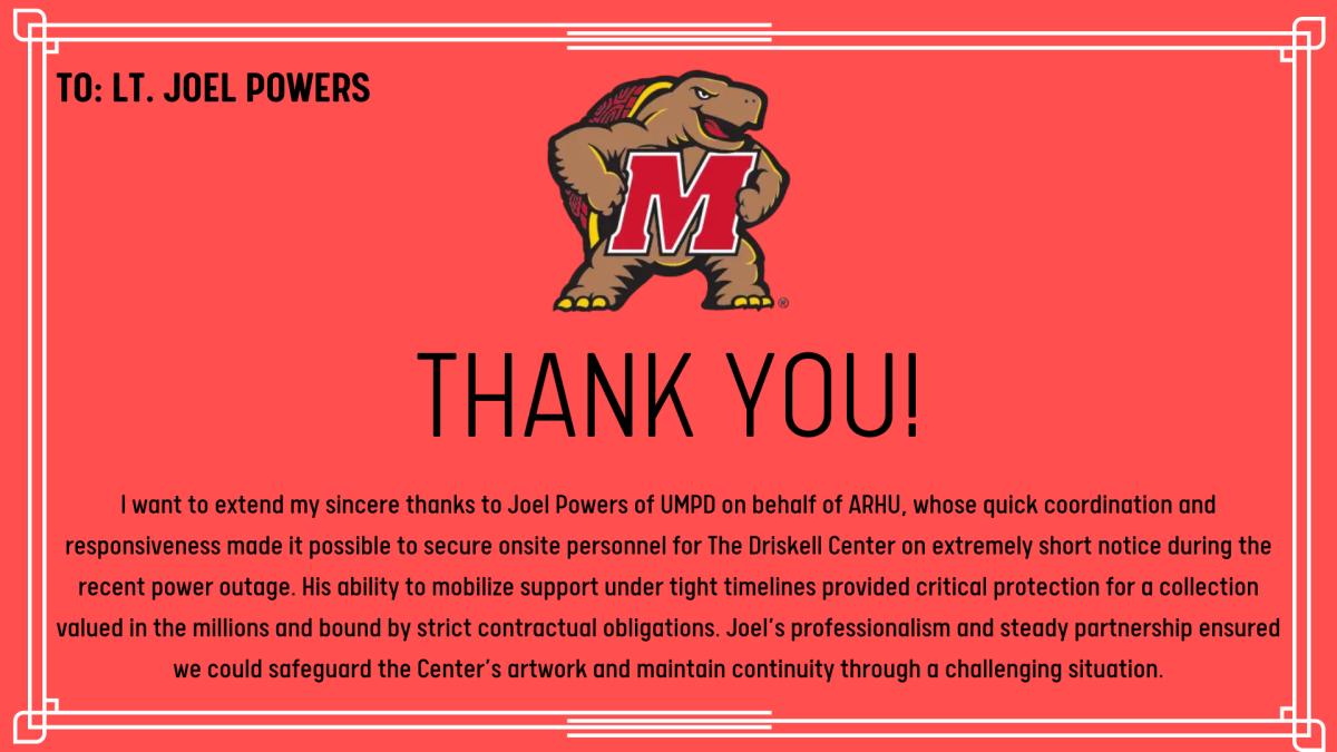 Red thank you Testudo postcard for Lt. Joel Powers