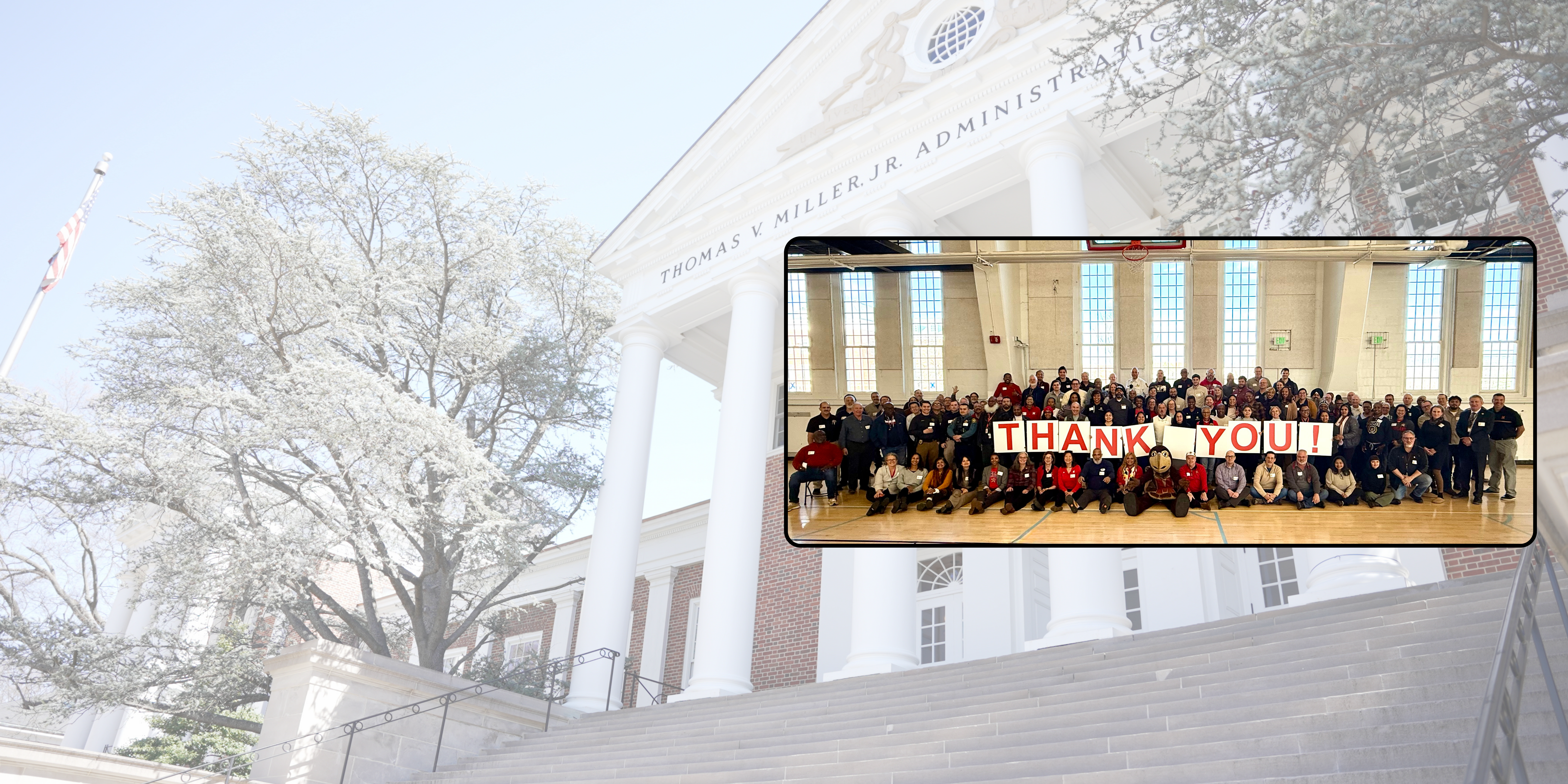 Miller Admin building with overlay of supervisors group holding Thank You sign