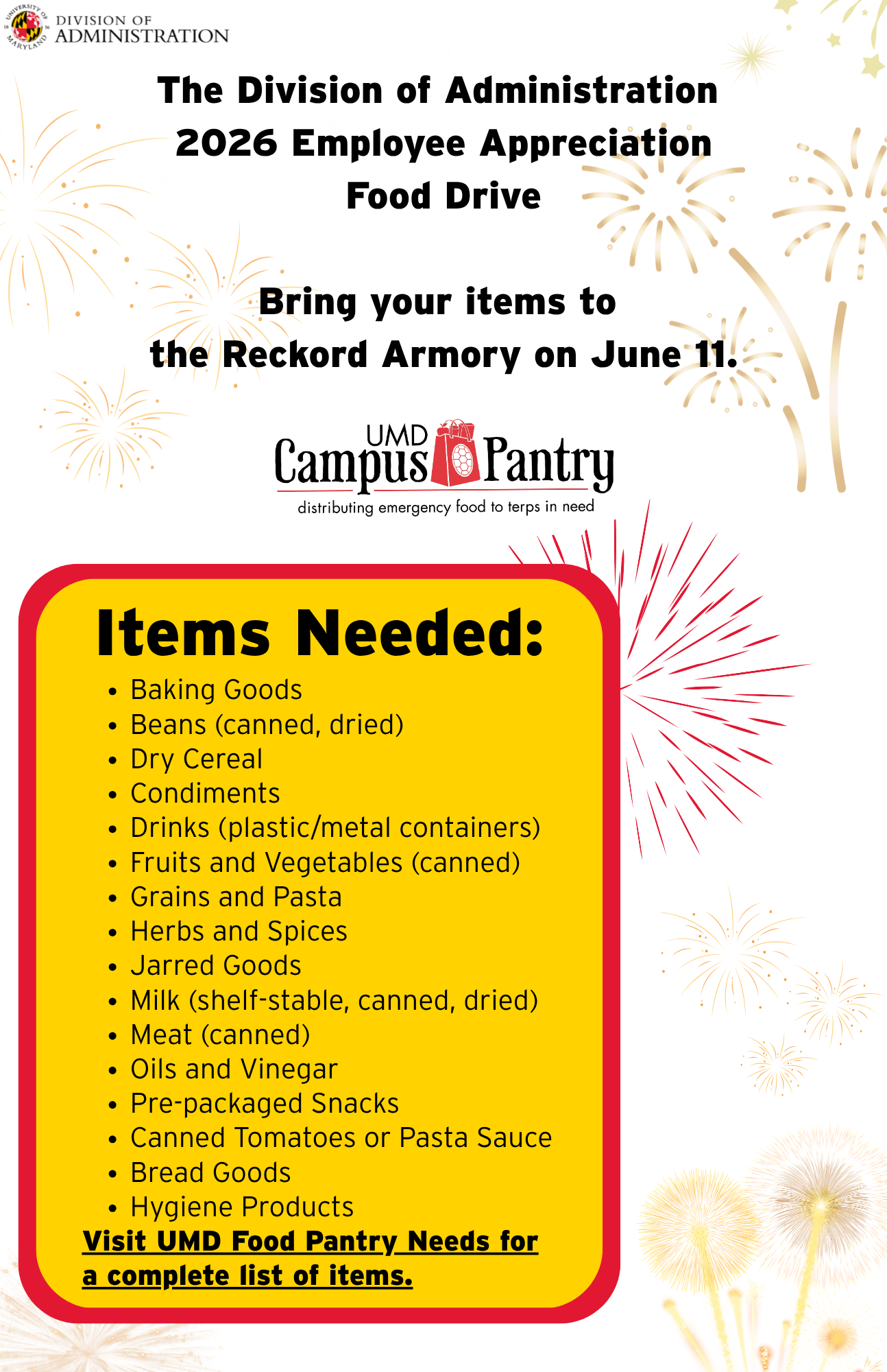 Food Drive flyer listing items needed for the campus pantry